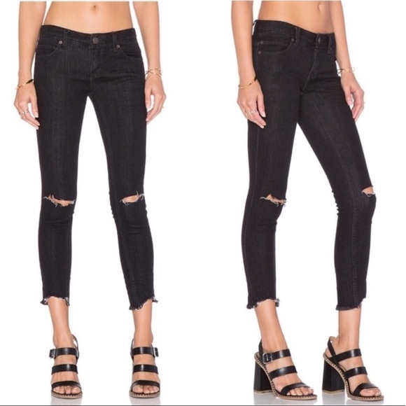 Free People Destroyed Ankle Skinny Jeans Raw hem Black Size 28 - Picture 1 of 11